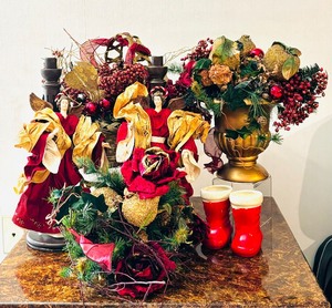 lot 167 image: Holidays Around the Corner. Florals, Basket, Vases, Jesus Candle Holders and Santa Boots