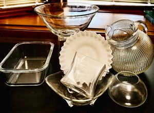 lot 276 image: Milk Glass Footed Compote, Vintage Ball Glass Pitcher, Bowls and Vases