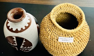 lot 285 image: Gorgeous Pottery Vase and Woven Vase Hand Crafted in Zimbabwe