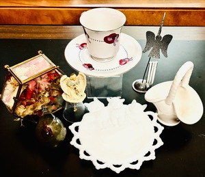 lot 286 image: Home Decor Including Red Hat Society Teacup and Saucer, Ceramic Platter, Basket and More