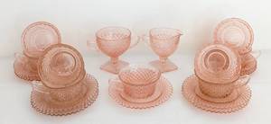 lot 44 image: Vintage Miss America Pink Depression Glass Teacup Set