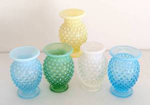 lot 102A image: Five Vintage Fenton Hobnail Bud Vases