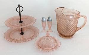 lot 75A image: Assorted Vintage Miss America Pink Depression Glass Serving Ware