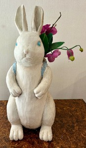 lot 90 image: Debbie Mumm 1999 OutdoorIndoor Plaster Easter Bunny Rabbit Statue Basket Garden Decor