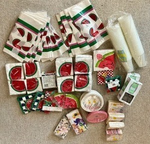 lot 135 image: Supply of Disposable Table Cloths, Napkins, Plates, Cups and More