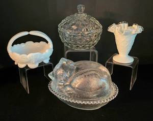 lot 56 image: Lovely Vintage Glassware including Small Fenton Silver Crest Spanish Lace Milk Glass Vase