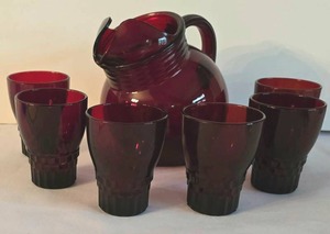 lot 70 image: Vintage Anchor Hocking Royal Ruby Roly Poly Pitcher & Glass Set