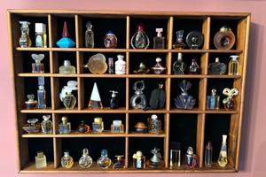 lot 16 image: Large Variety of Miniature Womens Fragrances in a Wooden Shadow Box Display Unit
