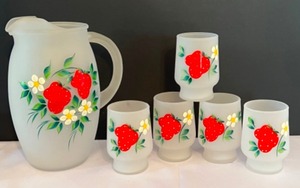 lot 83 image: Vintage Hand Painted Strawberry Motif Satin Glass Juice Serving Set