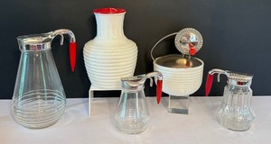 lot 103 image: Vintage Milk Glass Water  Juice Carafe, Vintage Syrup Dispensers with Bakelite Handles & More