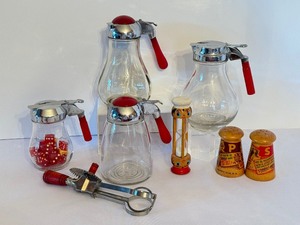lot 99 image: Vintage Glass Syrup Dispensers with Bakelite Handles and More