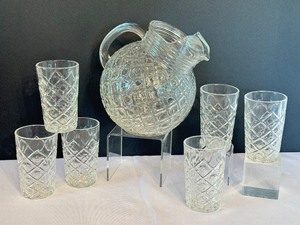 lot 92 image: Vintage Tilt Ball Glass Beverage Pitcher, Ribbed Diamond Pineapple Wide Mouth Carafe and Juice Tumblers
