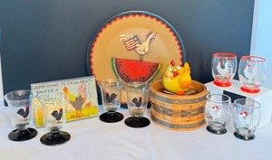 lot 89 image: Fun Chicken Themed Kitchen Items including Vintage Juice Glasses