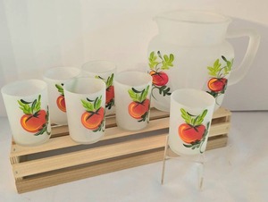 lot 133 image: Vintage Federal Satin Glass Juice Set with Crate