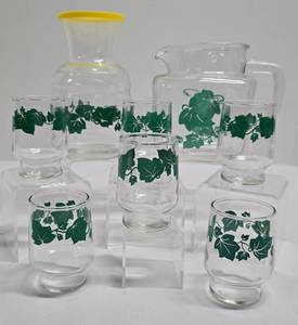 lot 196 image: Vintage Federal Glass Ivy Patterned Juice Set