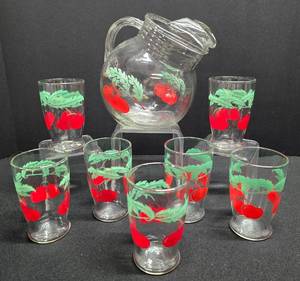lot 202 image: Vintage Anchor Hocking Tilted Juice Glass Pitcher & Cup Set