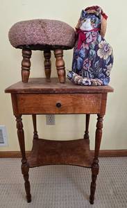 lot 235 image: Small Wooden Phone Table, Vintage Stool & Door Stop