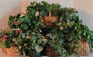 lot 275 image: Large Faux Foliage & Basket Grouping