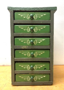 lot 173 image: Great Looking Vintage 6-Drawer Green Wooden Cabinet wStenciled Design