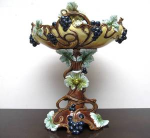 lot 23 image: Gorgeous LARGE Signed WS&ampS Majolica Grape & Vine Pedestal Vase