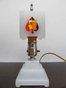 lot 66 image: Awesome Vintage 1950s era Playing Card Theme Milk Glass Desk Lamp