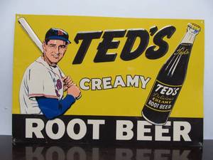 lot 70 image: Great Looking Embossed Tin TEDS Ted Williams Root Beer Metal Advertising Sign