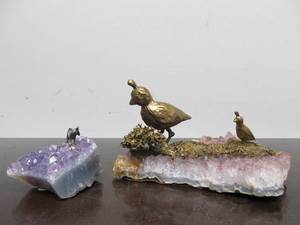 lot 158 image: 2 Amethyst Chunk Displays w Elephant & Quail