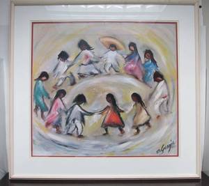 lot 167 image: Vintage Degrazia Los Ninos Kids Playing Large Print Framed 31