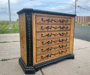 lot 8 image: Nice Ornate 6 Drawer Dresser wMetal Vine Decorations & Brass Pulls