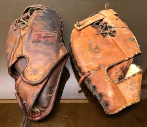 lot 271 image: 2 Old Vintage Leather First Baseman Baseball Gloves
