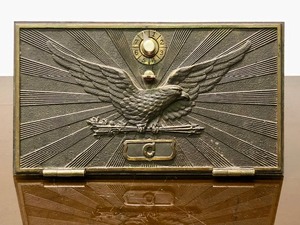 lot 330 image: Antique Brass Bank Box or Postal Box Door wEagle