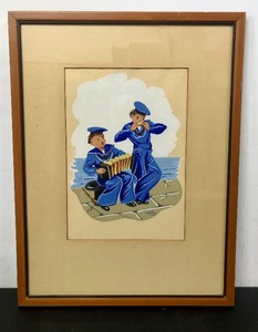 lot 366 image: Original 1940s WW2 era Illustration Style Painting - Young Navy Sailors Playing Instruments