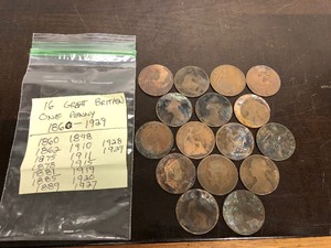 lot 439 image: Lot of 16 Great Britain One Penny Coins 1860-1929