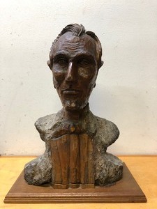 lot 456 image: Impressive Old Vintage Folk Art Wood Carved Bust of Abraham Lincoln