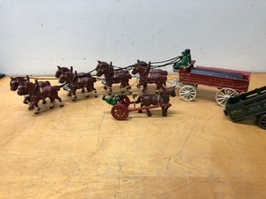 lot 445 image: 2 Antique Style Cast Iron Horse Drawn Wagon Toys