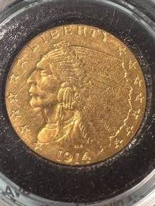 1914 US $2.50 GOLD INDIAN UNC IN AIRTITE