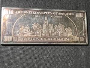 12 TROY OZ .999 FINE SILVER $100 BILL DESIGNED BAR