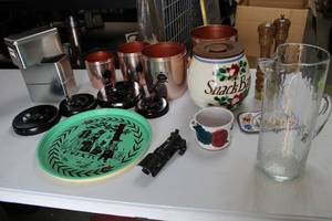 lot 5 image: Vintage Snack Bar Jar, Glass Pitchers, Metal Storage Containers and Miscellaneous Kitchen Items