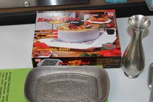 lot 16 image: Assorted Pewter Items, Corning Counter Saver, Thermos and Heating Plate