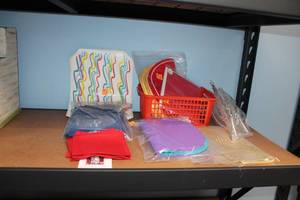 lot 32 image: Assorted Household Items Including Pfaltzgraff Round Platter and Storage Bins