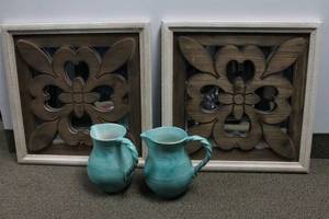 lot 73 image: Decorative Wooden Wall Art Pair and Turquoise Ceramic Pitchers