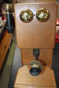lot A-117 image: Antique Wooden Wall-Mounted Telephone