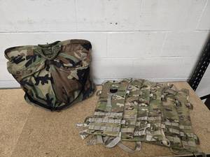 lot 5 image: USGI Flyer Helmet Bag Woodland pattern (Good condition) and 6 Woodland pattern hydration carriers
