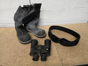 lot 18 image: Pro Series firemans boots Model 5006SG size 10.0 D, new nylon black size Medium 32 - 38 belt (94B-2-22-US), and Swift Sea Wolf 7 x 50 binoculars