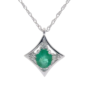 0.55 Carat Natural Emerald & Natural Diamond Square Halo Pendant Necklace in 14k White Gold VIDEO