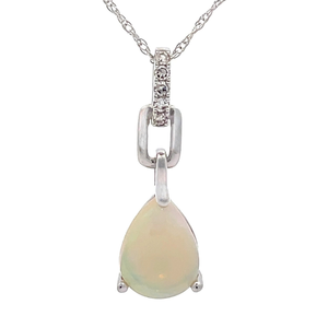 NEW White Opal & Natural Diamond Drop Chain Link Pendant Necklace in 14k White Gold