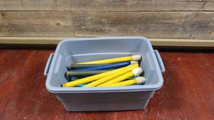 lot 362 image: Bin of 6 Aluminum Relay Buttons & 9 Wooden Button Sticks