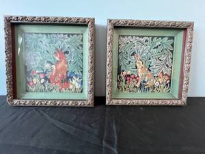 lot 26 image: Framed Needlepoint Art of Rabbits in Nature - Pair