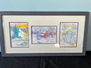 lot 31 image: Framed Winter Landscape Watercolor Trio of Cards by Artist Barbara Tirk