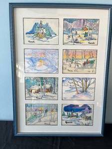 lot 32 image: Framed Collection of Minnesota Winter Scene Cards by Artist Barbara Tirk